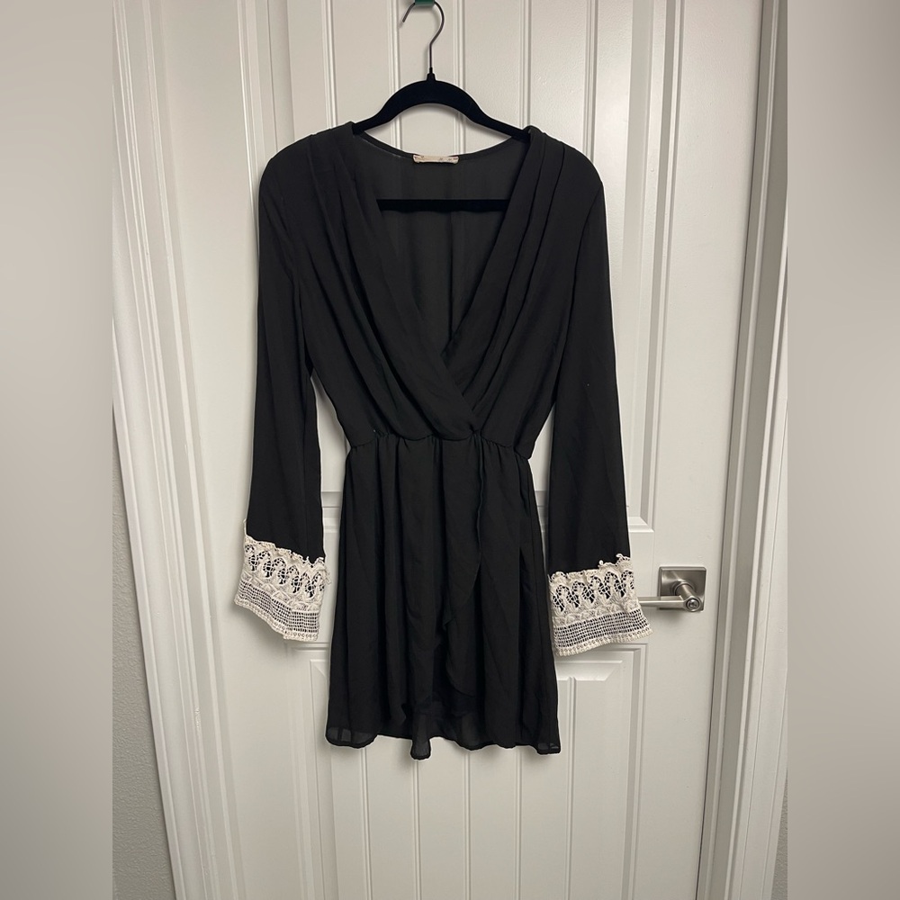 Elegant Black Long Sleeve Dress with Lace Cuffs